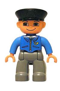 Duplo Figure Lego Ville, Male Post Office, Dark Bluish Gray Legs, Blue Jacket with Mail Horn, Black Police Hat 47394pb052