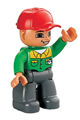 Duplo Figure Lego Ville, Male, Dark Bluish Gray Legs, Bright Green Button Down Shirt, Red Cap, Brown Eyes, Closed Mouth Smile - 47394pb059