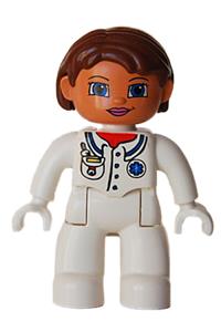 Duplo Figure Lego Ville, Female, Medic, White Legs, White Top with Pocket and EMT Star of Life Pattern, Reddish Brown Hair, Blue Eyes, White Hands 47394pb064