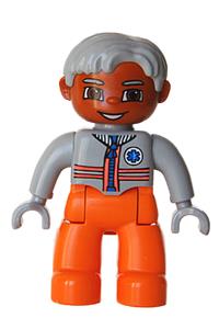 Duplo Figure Lego Ville, Male Medic, Orange Legs, Light Bluish Gray Top with Zipper and Stripes, Light Bluish Gray Hair, Light Bluish Gray Hands 47394pb065