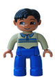 Duplo Figure Lego Ville, Male, Blue Legs, Tan Pullover with Buttons and Stripes, Black Hair, Brown Eyes, Nougat Hands - 47394pb068