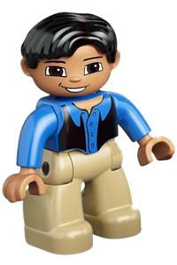 Duplo Figure Lego Ville, Male, Tan Legs, Blue Top, Black Vest, Black Hair 47394pb078