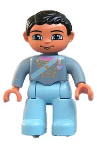 Duplo Figure Lego Ville, Male, Light Blue Legs, Sand Blue Top with Strap, Gold Crown and Medium Blue Heart, Black Hair 47394pb079