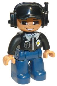 Duplo Figure Lego Ville, Male Police, Black Cap with Headset, Light Nougat Head and Hands, Black Shirt with Badge, Dark Blue Legs 47394pb081