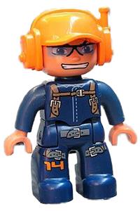 Duplo Figure Lego Ville, Male, Dark Blue Legs & Jumpsuit with Straps, Orange Cap with Headset 47394pb082