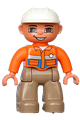 Duplo Figure Lego Ville, Male, Dark Tan Legs, Orange Shirt, Brown Eyes, White Construction Helmet - 47394pb102