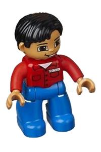 Duplo Figure Lego Ville, Male, Blue Legs, Red Shirt with Pockets and Name Tag, Black Hair, Brown Eyes, Nougat Hands 47394pb113