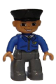 Duplo Figure Lego Ville, Male Post Office, Dark Bluish Gray Legs, Blue Jacket with Mail Horn, Black Police Hat, Smile with Teeth - 47394pb117