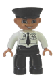 Duplo Figure Lego Ville, Male Pilot, Black Legs, White Top with Airplane Logo and Black Tie, Police Hat - 47394pb120