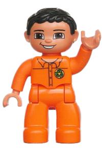 Duplo Figure Lego Ville, Male, Orange Legs, Nougat Hands, Orange Top with Recycle Logo, Black Hair, Brown Eyes 47394pb133