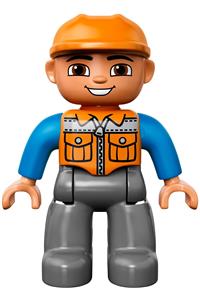 Duplo Figure Lego Ville, Male, Dark Bluish Gray Legs, Orange Vest with Zipper and Pockets, Orange Construction Helmet, Semicircular Eyes 47394pb156