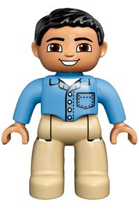 Duplo Figure Lego Ville, Male, Tan Legs, Medium Blue Shirt with Pocket and 4 Buttons, Black Hair 47394pb159