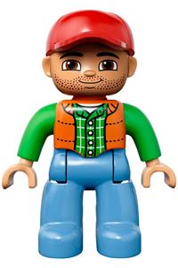 Duplo Figure Lego Ville, Male, Medium Blue Legs, Orange Vest, Dark Green Plaid Shirt, Bright Green Arms, Red Cap 47394pb166