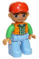 Duplo Figure Lego Ville, Male, Medium Blue Legs, Orange Vest, Dark Green Plaid Shirt, Bright Green Arms, Red Cap, Oval Eyes - 47394pb166a