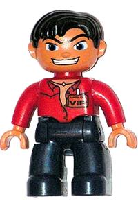 Duplo Figure Lego Ville, Male, Dark Blue Legs, Red Top with Open Collar, Black Messy Hair, VIP Badge, Blue Eyes, Closed Mouth Smile 47394pb177