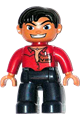 Duplo Figure Lego Ville, Male, Dark Blue Legs, Red Top with Open Collar, Black Messy Hair, VIP Badge, Blue Eyes, Closed Mouth Smile - 47394pb177