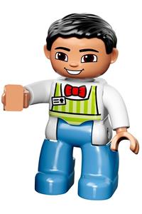 Duplo Figure Lego Ville, Male, Medium Blue Legs, Lime Striped Apron, Red Bow Tie, Black Hair 47394pb182