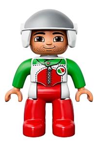 Duplo Figure Lego Ville, Male, Red Legs, Race Top with Zipper and Octan Logo, White Helmet 47394pb183