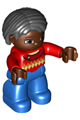 Duplo Figure Lego Ville, Female, Blue Legs, Red Argyle Sweater, Red Arms, Brown Head, Black Hair - 47394pb207