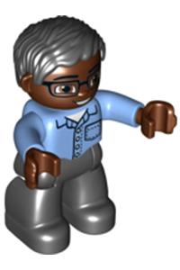 Duplo Figure Lego Ville, Male, Black Legs, Medium Blue Shirt with Pocket, Medium Blue Arms, Brown Head, Glasses, Black Hair 47394pb208