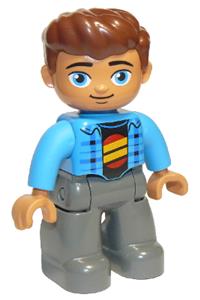 Duplo Figure Lego Ville, Male, Dark Bluish Gray Legs, Dark Azure Jacket, Black Shirt, Reddish Brown Hair 47394pb246