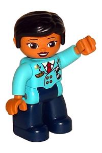 Duplo Figure Lego Ville, Female Pilot, Dark Blue Legs, Medium Azure Top with Red Tie, Black Hair 47394pb249