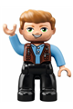 Duplo Figure Lego Ville, Male, Black Legs, Medium Blue Shirt over Reddish Brown Vest, Dark Tan Hair - 47394pb251