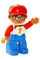 Duplo Figure Lego Ville, Male, Blue Legs, White Top with Number 7 and Red Arms, Reddish Brown Hair, Red Cap - 47394pb267
