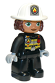 Duplo Figure Lego Ville, Female Firefighter, Black Legs, Black Jacket with Safety Harness, White Helmet with Silver Fire Badge and Radio, Green Eyes - 47394pb273