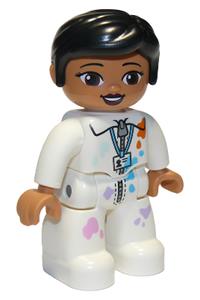 Duplo Figure Lego Ville, female, white suit with zipper, badge and color spots and black hair 47394pb292