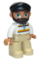 Duplo Figure Lego Ville, Male, Tan Legs, White Top with Stripes, Black Cap, Dark Brown Beard - 47394pb308