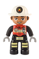 Duplo Figure Lego Ville, Male Firefighter, Black Legs with Reflective Stripes, Red Vest with Silver Fire Badge and Radio, Medium Nougat Face, White Helmet with Fire Badge - 47394pb332