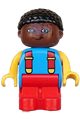 Duplo Figure, Child Type 1 Boy, Red Legs, Blue Torso with 2 Straps, Yellow Arms, Brown Head with Black Curly Hair - 4943pb005