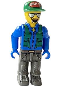 Construction Worker (Junior-Figure) with blue shirt, green vest and cap with the word 'Brick', sunglasses and moustache 4j003a