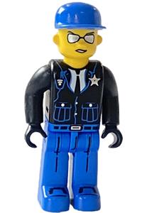 Police (Junior-Figure) with blue Legs, black jacket, blue cap, sunglasses 4j008