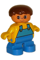 Duplo Figure, Child Type 2 Boy, Blue Legs, Yellow Top with Blue Overalls, Brown Hair - 6453pb006