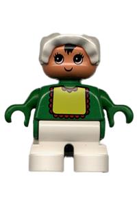 Duplo Figure, Child Type 2 Baby, White Legs, Green Top with Yellow Bib with Red Lace, White Bonnet 6453pb024