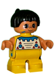 Duplo Figure, Child Type 2 Boy, Yellow Legs, Top with Geometric Pattern, Black Hair with Feather - 6453pb030