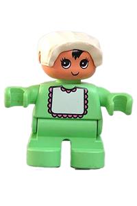 Duplo Figure, Child Type 2 Baby, Light Green Legs, Light Green Top with White Bib with Dark Pink Lace, White Bonnet 6453pb032