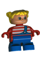 Duplo Figure, Child Type 2 Girl, Blue Legs, Red Top with White Stripes, Yellow Hair Pigtails - 6453pb033