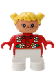 Duplo Figure, Child Type 2 Girl, White Legs, Red Top with Flowers Pattern, Collar And 2 Buttons, Yellow Hair Pigtails - 6453pb038