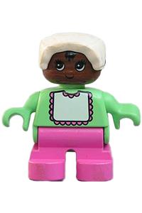 Duplo Figure, Child Type 2 Baby, Dark Pink Legs, Light Green Top with White Bib with Dark Pink Lace, White Bonnet 6453pb050