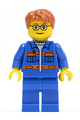City Mechanic in blue jacket with pockets and orange stripes, blue legs, dark orange short tousled hair, brown eyebrows, glasses - cty0140