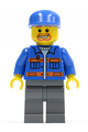 City Mechanic in blue jacket with pockets and orange stripes, dark bluish gray legs, blue cap, beard around mouth - cty0141