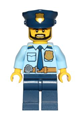 Police - City Shirt with Dark Blue Tie and Gold Badge, Dark Tan Belt with Radio, Dark Blue Legs, Police Hat with Gold Badge, Head Beard Black Angular - cty0708