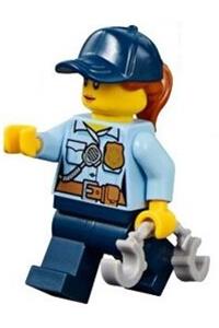 Police - City Officer Female, Bright Light Blue Shirt with Badge and Radio, Dark Blue Legs, Dark Blue Cap with Dark Orange Ponytail cty0992