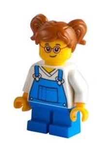 Girl - Blue Overalls over V-Neck Shirt, Dark Orange Hair Short, Parted with Two Pigtails, Red Glasses cty1226