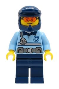 Police - City Officer Bright Light Blue Shirt with Silver Stripe, Badge and Radio, Dark Blue Legs, Dark Blue Dirt Bike Helmet, Orange Glasses cty1243