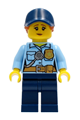 Police - City Officer Female, Bright Light Blue Shirt with Badge and Radio, Dark Blue Legs, Dark Blue Cap with Dark Orange Ponytail, Pensive Smile - cty1258