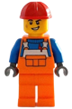 Construction Worker - Male, Orange Overalls with Reflective Stripe and Buckles over Blue Shirt, Orange Legs, Red Construction Helmet - cty1403